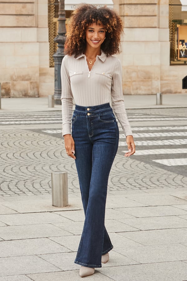 Taupe Zip Front Top With Gold Buttons