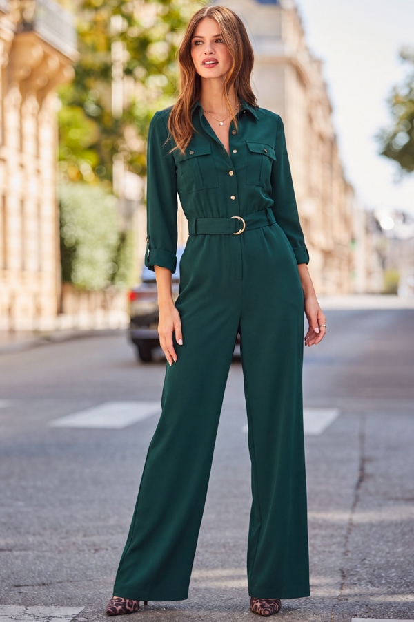 Emerald Green Utility Pocket Belted Jumpsuit
