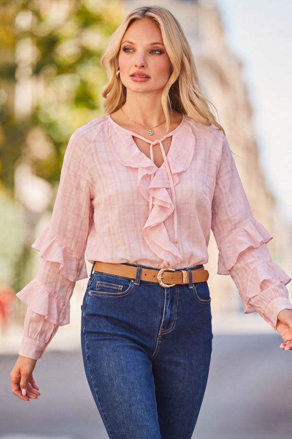 Pink Check Print Ruffle Detail Blouse