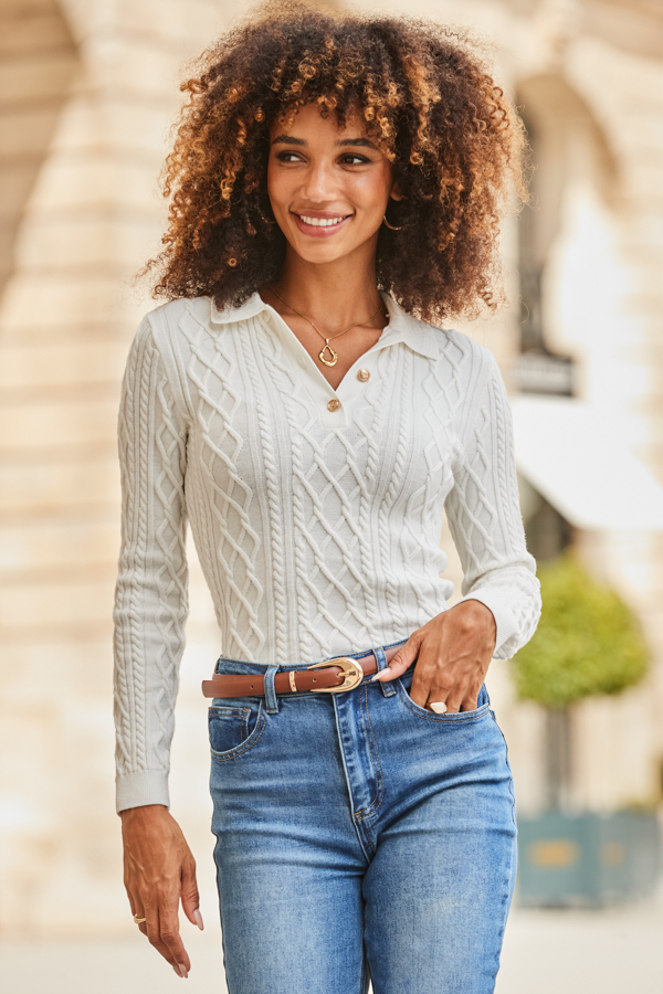 Cream Cable Knit Collared Jumper