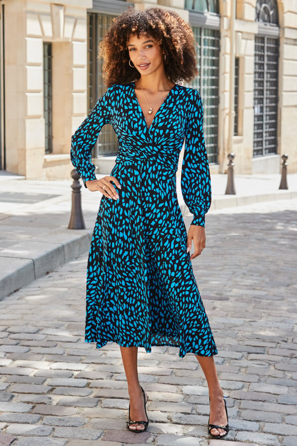 Blue & Black Fleck Print Twist Front Dress