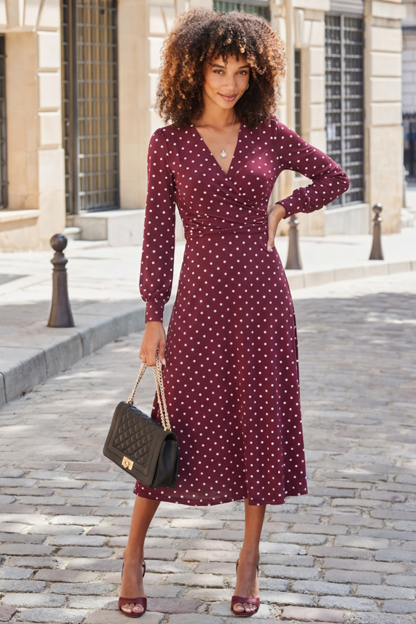 Burgundy Polka Dot Print Twist Front Dress