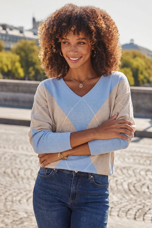Blue Argyle V Neck Jumper