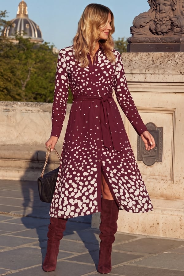 Burgundy Geometric Spot Print Shirt Dress