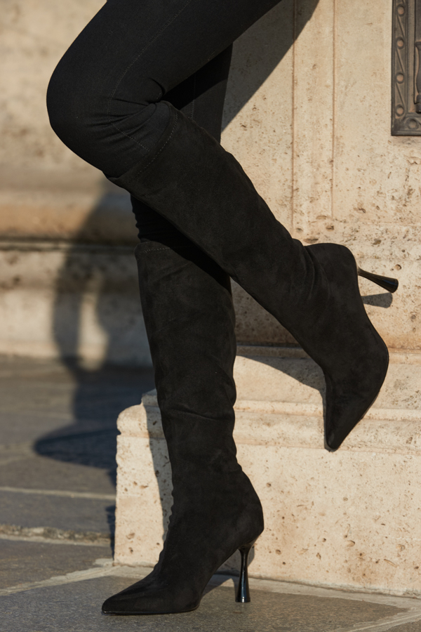 Black Faux Suede Knee High Flared Heel Boots