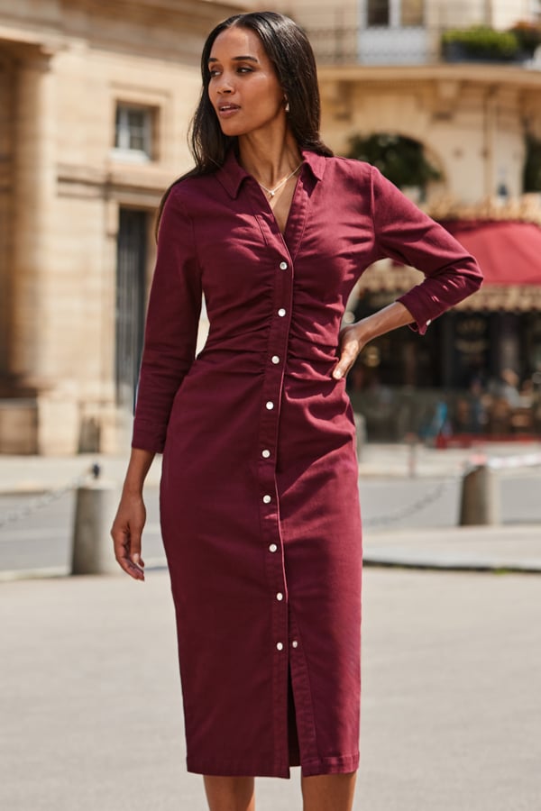 Burgundy Ruched Waist Denim Dress