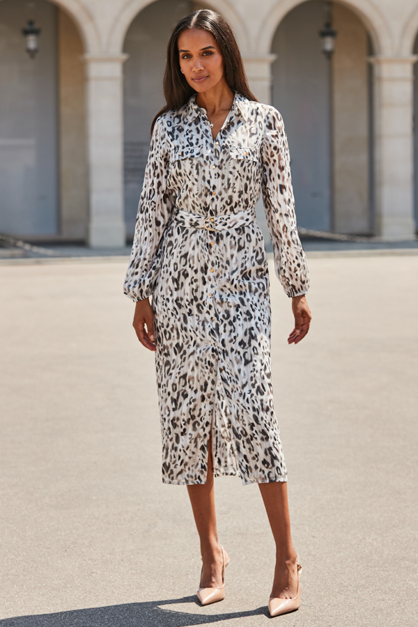 Grey Leopard Print Belted Shirt Dress