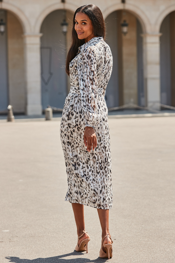Grey Leopard Print Belted Shirt Dress