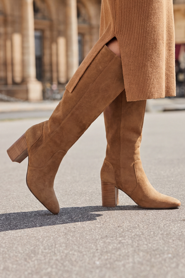 Tan Faux Suede Low Block Heel Knee High Boots