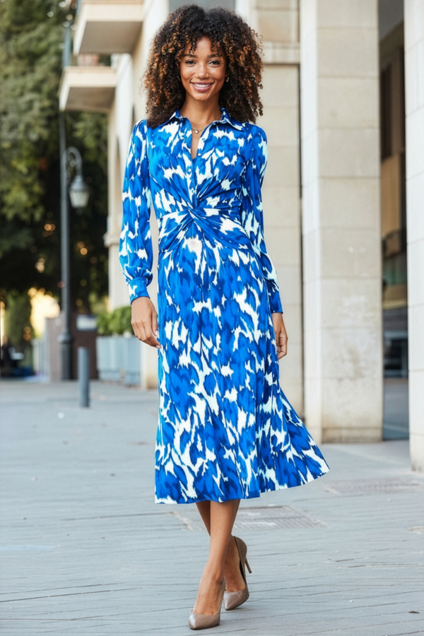 Blue & White Floral Print Twist Front Shirt Dress