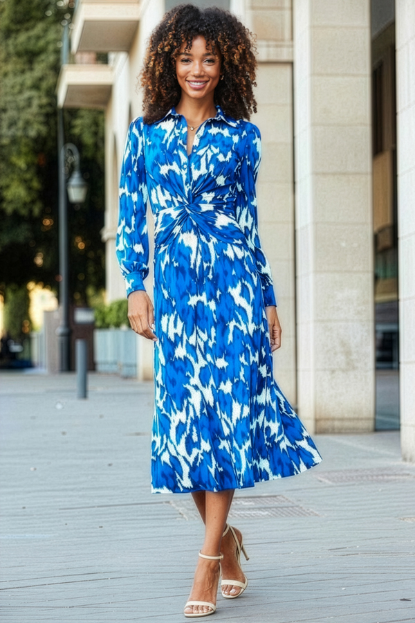 Blue & White Floral Print Twist Front Shirt Dress