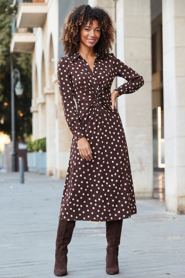brown polka dot shirt dress Chocolate Brown Polka Dot Print Twist Front Shirt Dress
