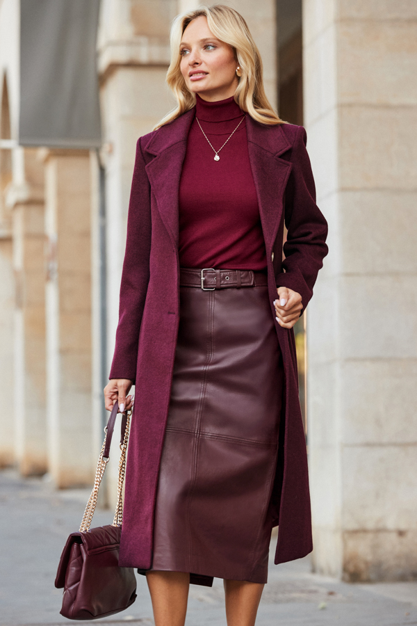 Burgundy Leather Panelled Pencil Midi Skirt