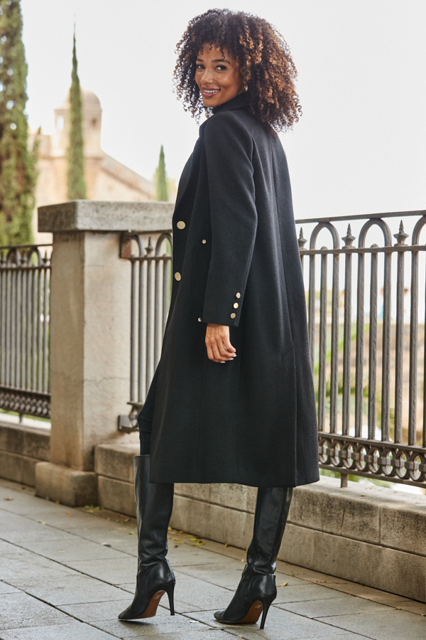 Black Premium Longline Wool Mix Coat With Leopard Print Lining
