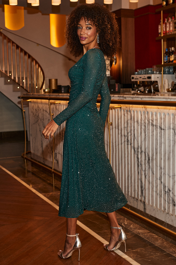 Emerald Green Embellished Fit & Flare Midi Dress