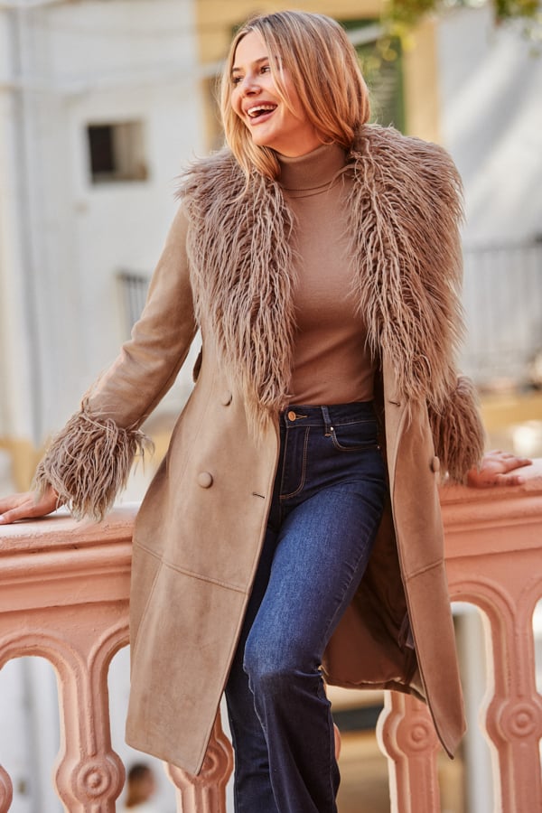 Taupe Luxe Faux Suede & Fur Afghan Coat