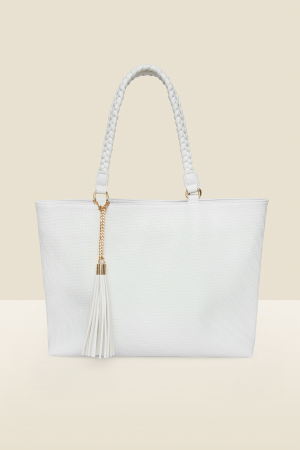 White Textured Tassel Detail Braided Strap Tote Bag