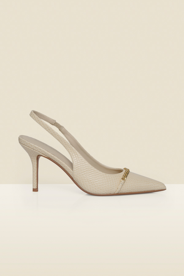 Ecru Croc Chain Detail Slingback High Heel Court Shoes