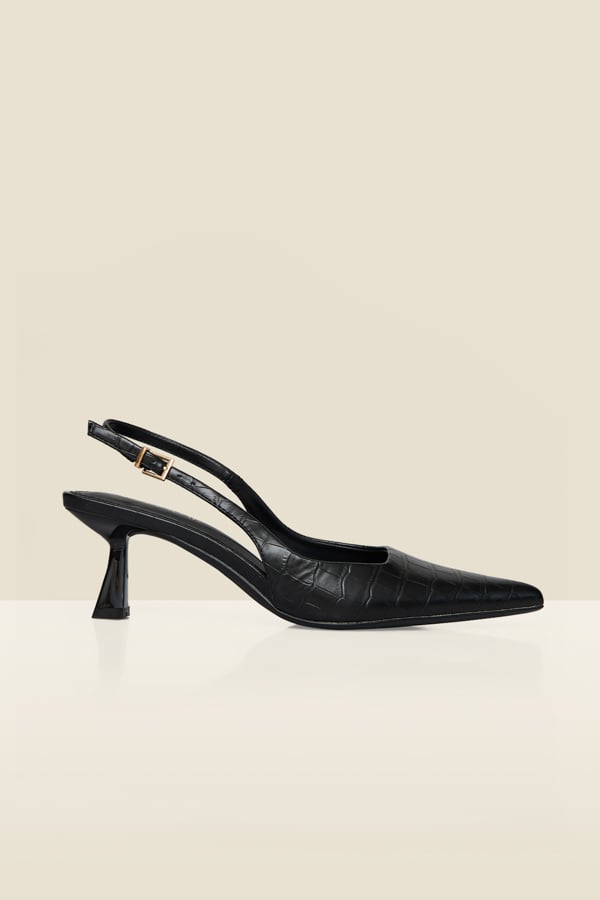 Black Croc Slingback Low Flared Heel Court Shoes