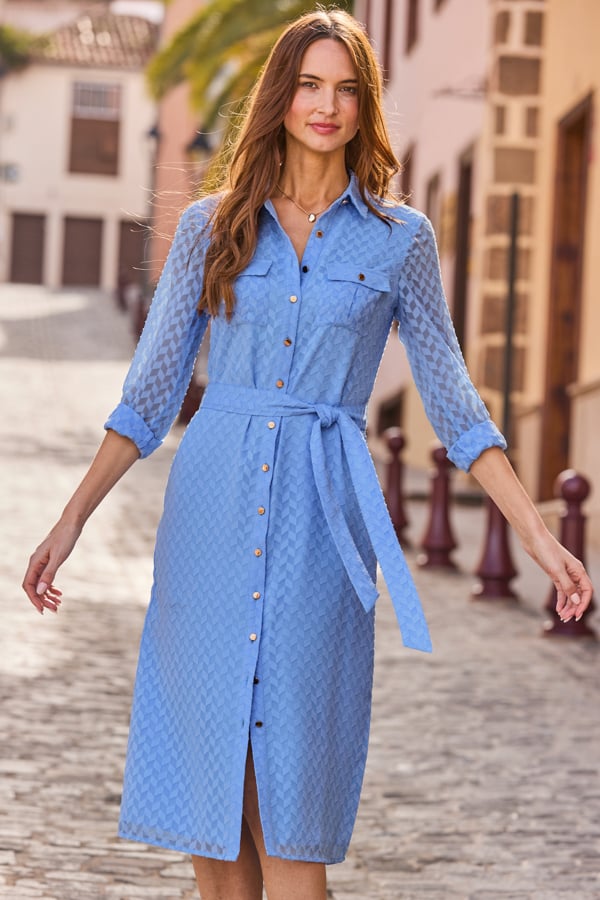 Cornflower Blue Textured Belted Shirt Dress