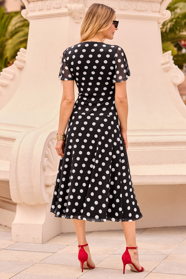 Black & White Polka Dot Print Mesh Ruched Front Fit & Flare Dress Black & White Polka Dot Print Mesh Ruched Front Fit & Flare Dress
