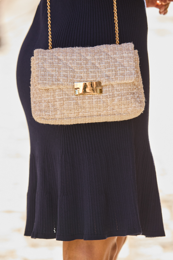 Cream Boucle Chain Strap Cross Body Bag