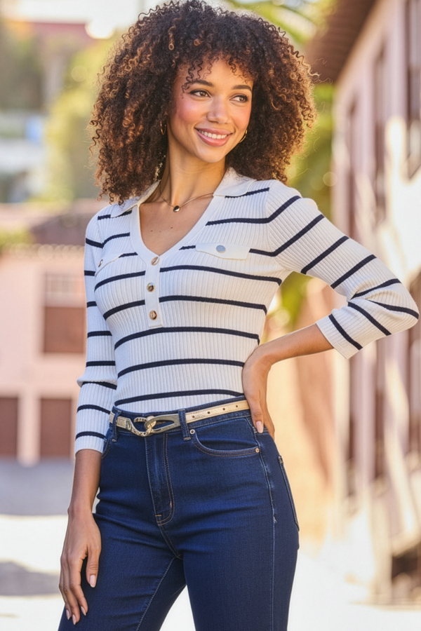 Ivory & Navy Stripe Collared Knitted Top