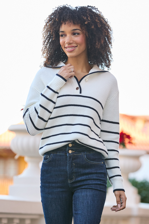 Ivory & Navy Stripe Gold Button Detail Collared Jumper