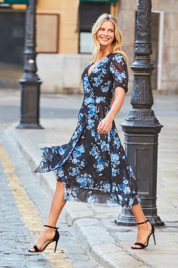 Black & Blue Floral Print Mesh Wrap Jersey Dress