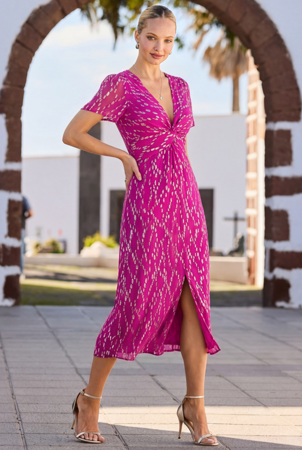 Pink Metallic Fleck Print Twist Front Dress
