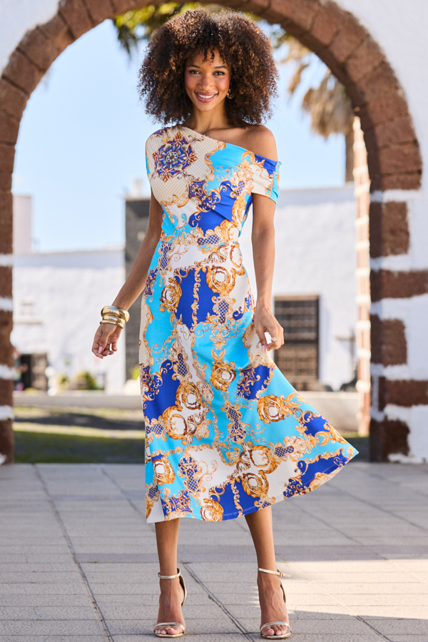 Blue Baroque Print Off The Shoulder Fit & Flare Dress