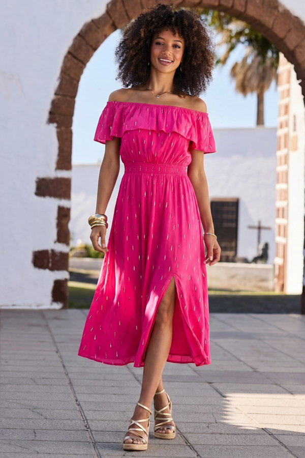 Pink Fleck Print Bardot Stretch Waist Dress