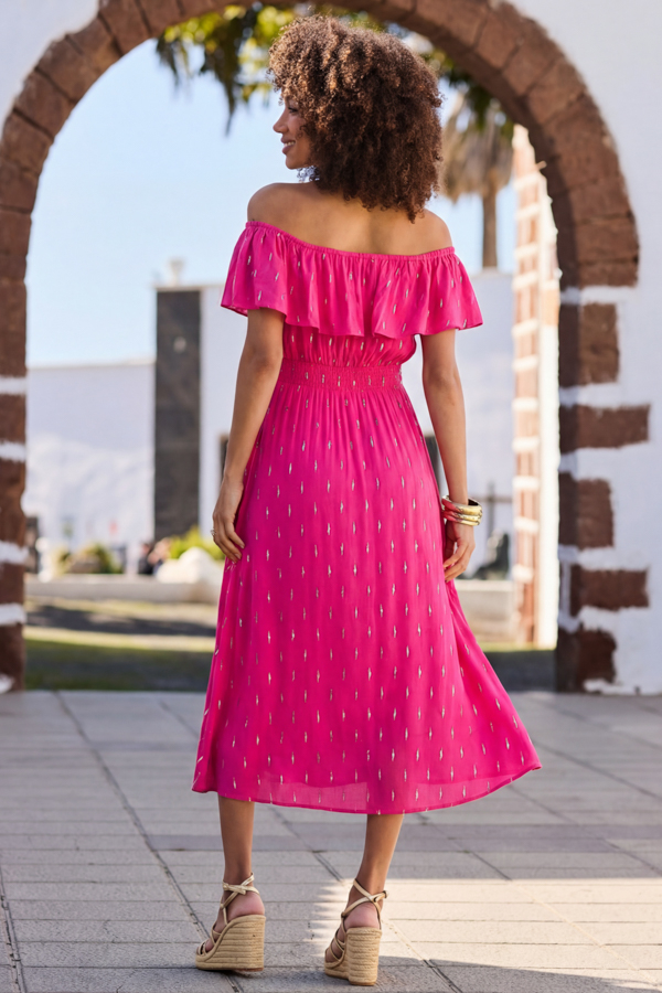 Pink Fleck Print Bardot Stretch Waist Dress Pink Fleck Print Bardot Stretch Waist Dress