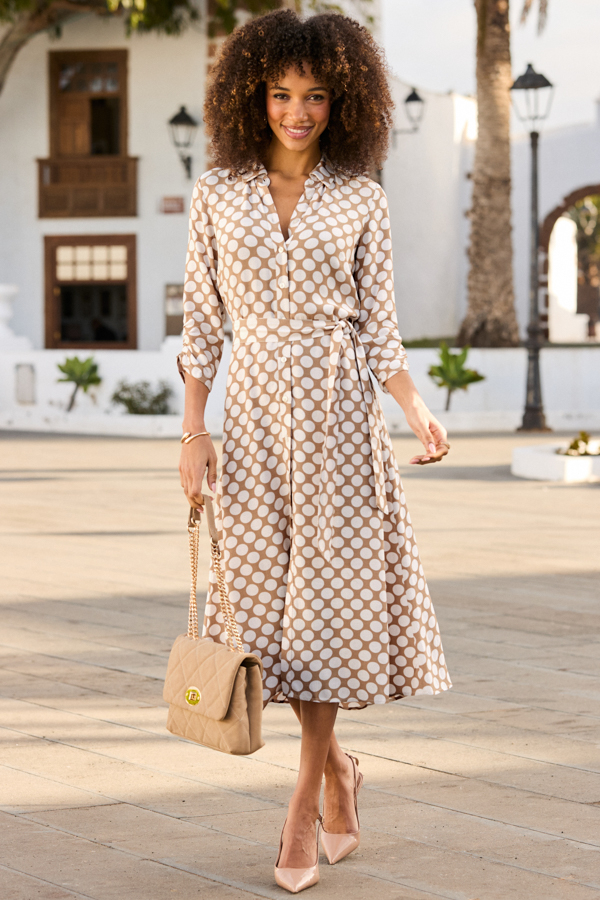 Neutral Spot Print Tie Waist Shirt Dress