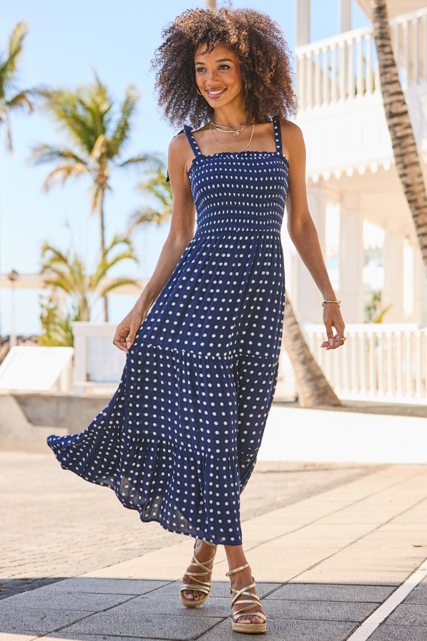Navy Blue & White Spot Print Tie Shoulder Dress
