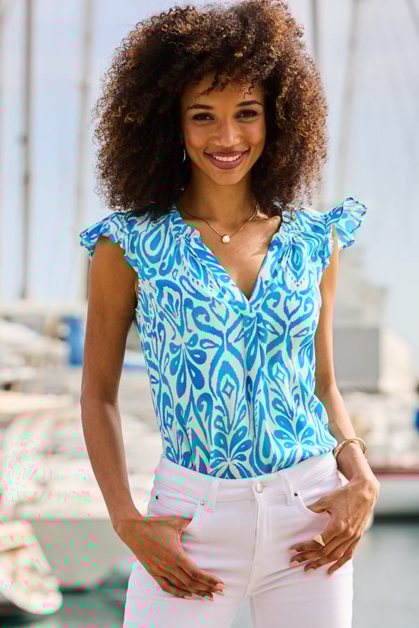 White & Blue Abstract Print Flutter Sleeve
