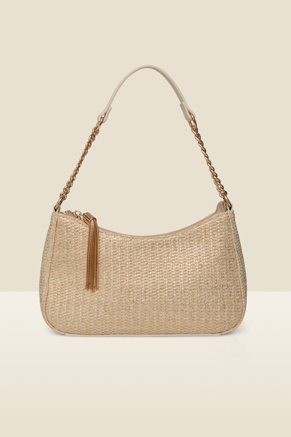 Ivory & Gold Raffia Shoulder Bag With Tassel Detail
