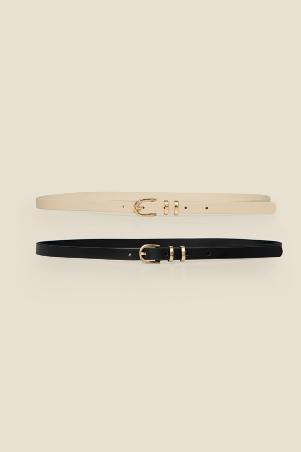Cream & Black Set Of Two Skinny Belts With Gold Buckles