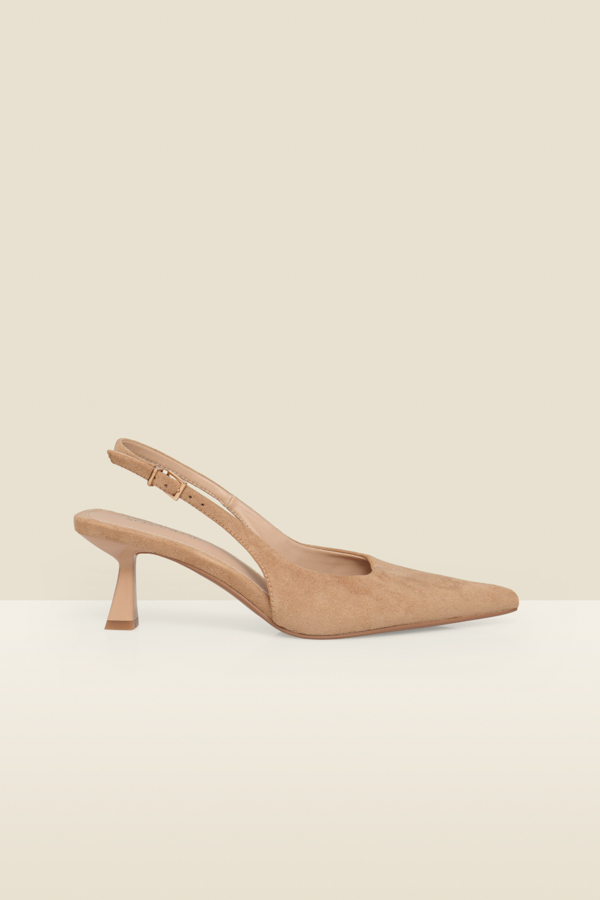Tan Faux Suede Slingback Low Flared Heel Court Shoes