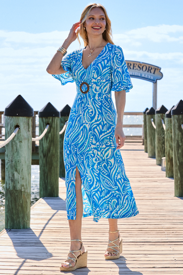 Blue Abstract Print Hoop Detail Midi Dress