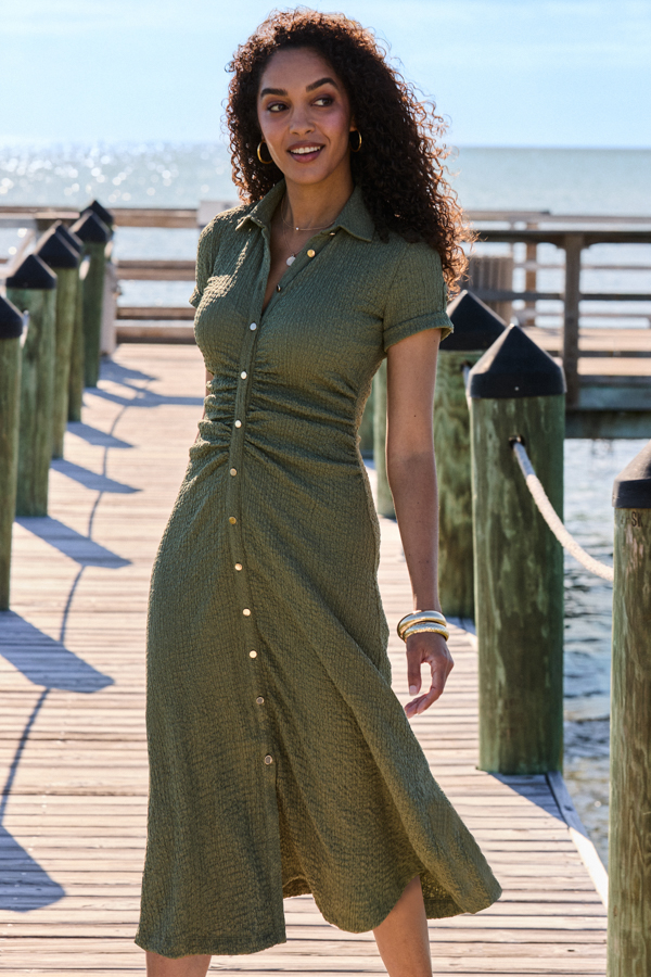 Khaki Green Textured Shirt Dress