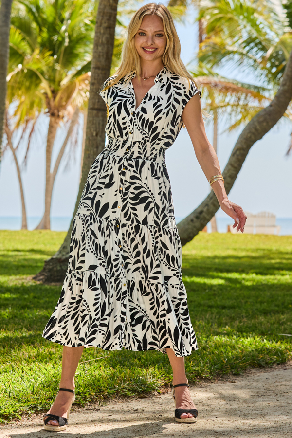 Petite Black & White Floral Print Shirred Waist Shirt Dress