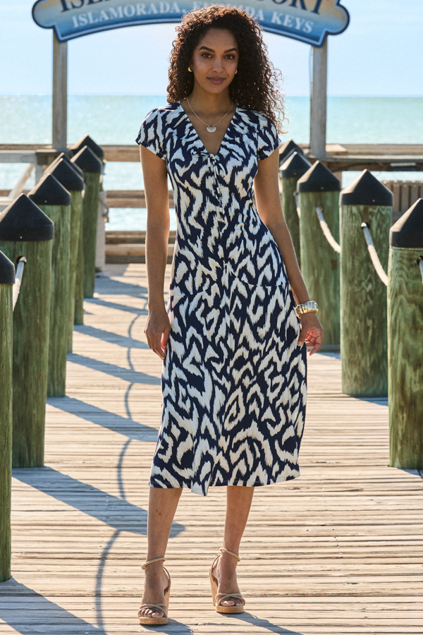 Navy Blue & White Aztec Print Ruched Front Fit & Flare Dress