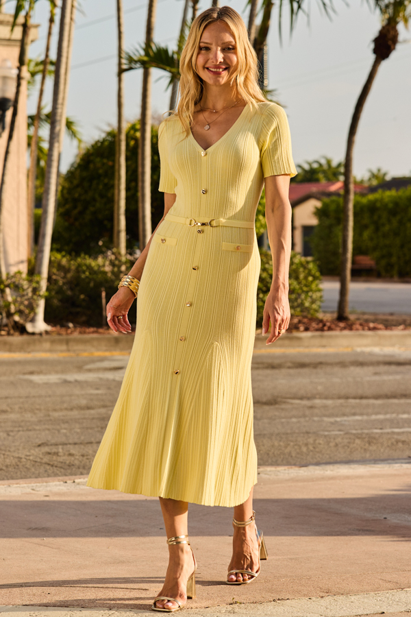 Lemon Yellow Rib Knit Fit & Flare Midi Dress