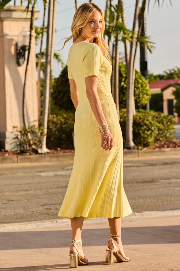 Pastel Yellow Rib Knit Fit & Flare Midi Dress