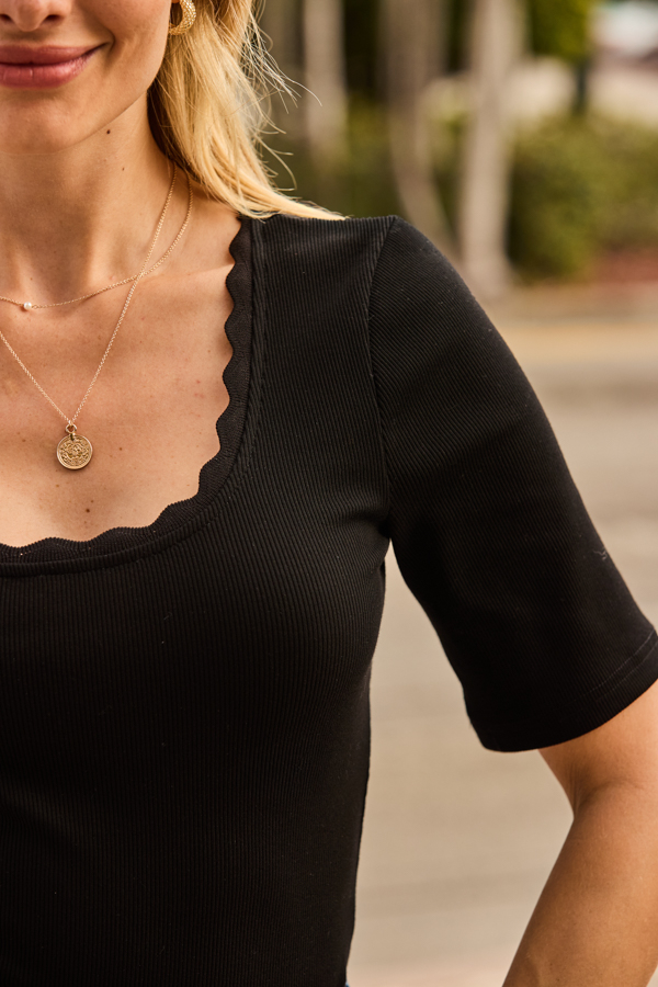 Black Scallop Trim Ribbed Top