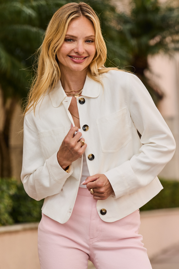 Ivory Linen Blend Button Front Jacket