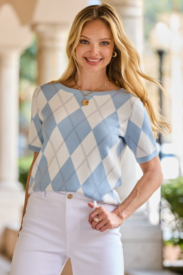 Pale Blue Argyle Knit Top