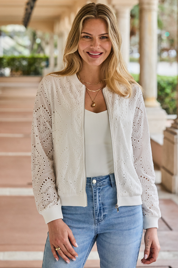 Ivory Broderie Detail Bomber Jacket
