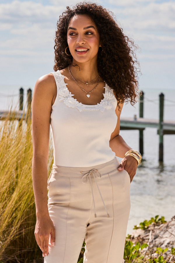 Ivory Floral Embroidered Jersey Vest Top
